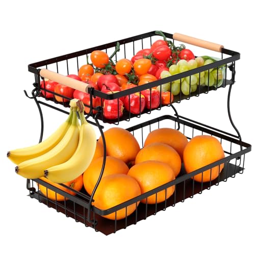 Cozary Portafrutta a 2 Piani, Porta Frutta da Tavolo, Porta Frutta con 2 Ripiani, 2 Ganci, adatto per Snack, Verdure, Pane,per Casa, Cucina, Ufficio, Moderno, 37x24x23cm