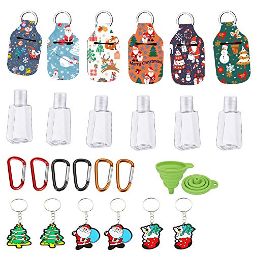 Travel Bottles Keychain Holder 1oz Portable Empty Christmas Squeeze Bottles with Pendant Flip Plastic Refillable Containers for Hand Sanitizer Conditioner Body Wash Liquid (A)