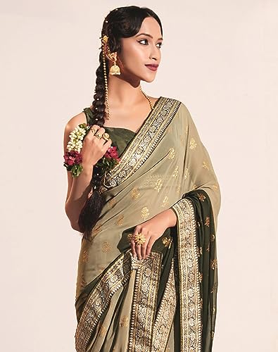 Image of SIRIL Women's Lace & Foil Printed Georgette Saree with Unstitched Blouse Piece(2826S476 Mehndi Green, Dusty Green)