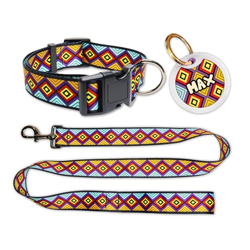 Image of Pawsindia Leash and Collar with Name Tag for Dogs, Aztec Print with 1.5 Inches Width Adjustable Collar and 4 Feet Heavy Duty Leash with Customize Nametag