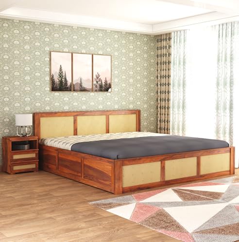 Image of Sheesham Wood King Size Cane Bed with Box Storage | 1 Year Warranty | Wooden Double Cot Palang for Bedroom & Living Room Furniture (Honey Finish)