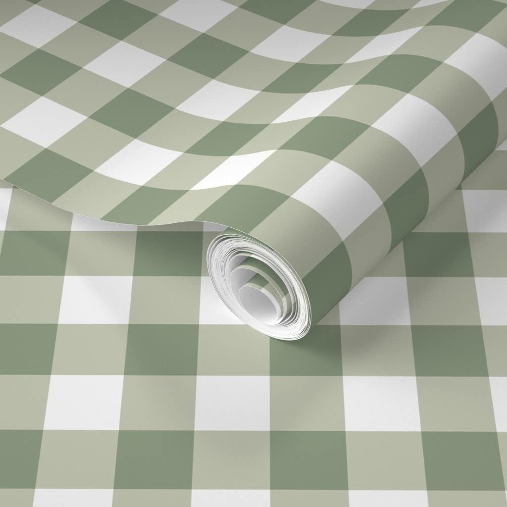 Spoonflower Removable Wallpaper Swatch - Green Plaid Gingham Check Sage Woodland Quilt Cottage Custom Pre-Pasted Wallpaper