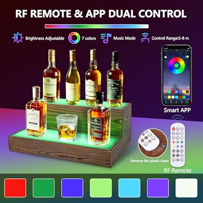 Wine Rack with LED Light Liquor Bottle Display Shelf Wall Mounted, 2 Tier Acrylic Illuminated Bar Bottle Display Case Floating Shelf RGB Lighting for Home Commercial Bar Party