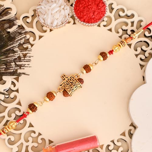 Image of Pride Store Traditional 10 Rakhiya Set, Decorative Thread Bracelets with Om and Ganesh Designs, Pearl and Crystal Beads, Red and Gold | Rakhiya For Family
