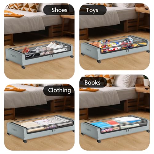 Under Bed Storage with Wheels,2Pack Under Bed Storage Containers,Under Bed Shoe Storage Organizer with Clear Window&Label,Rolling Under Bed Storage Metal Drawer for Clothes,Shoes,Toys,Blankets