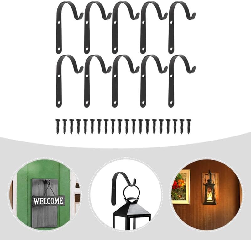 Gadpiparty Metal Hanging Plant Brackets with Hooks for Flower Pots and Bird Feeders, 10pcs Black Iron Wall Storage Hooks Set with 20 Screws, Outdoor Garden Planter Rack for Patio and Balcony