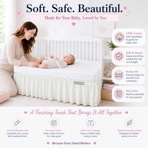 Image of Crib Bed Skirt Dust Ruffle with Split Corners Cotton, 14 inch Drop, Ivory | Nursery Standard Crib Bedding Bed Skirt for Baby Boys and Baby Girls. Hides Under-Crib Storage for a Neat Appearance