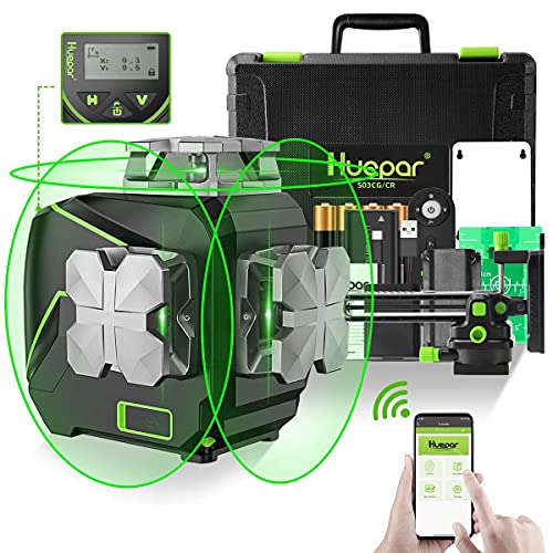 Image of Huepar Laser Level 360 Self Leveling, S03CG Pro 3x360 Bluetooth Green Lazer Leveler Tool - Pulse Mode, LCD Screen, Magnetic Bracket, Rechargeable 3D 12 Lines Laser Level for Construction /Tile /Floor