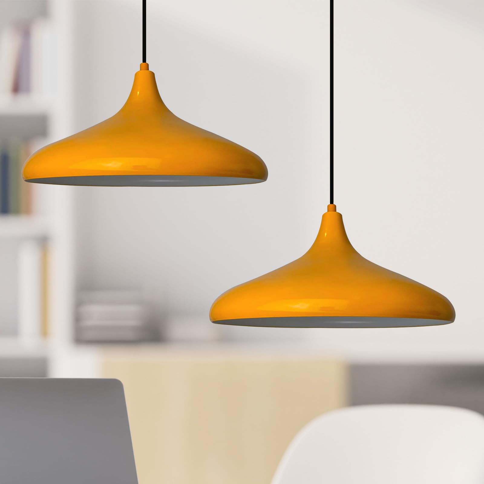 2 Luces Champion Lámpara de Cocina, Lámpara Techo Colgante Vintage, Lámpara de Techo con Pantallas de 35 cm y Lámpara de Isla de Cocina de Metal de Lámparas de Techo Amarillo Oscuro