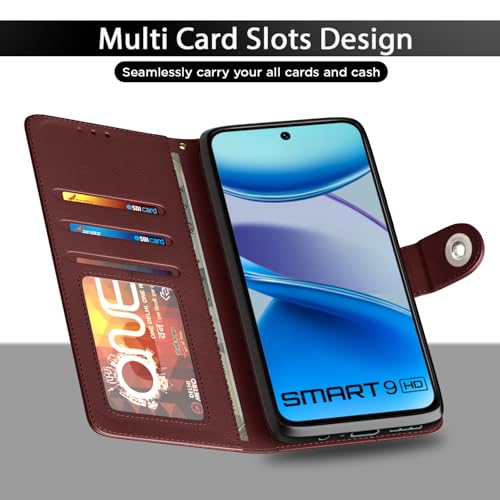 Image of Pikkme Flip Cover Leather Finish | Inside TPU with Card Pockets | Wallet Stand and Shock Proof | Complete Protection Button Flip Case for Infinix Smart 9 HD(Brown)