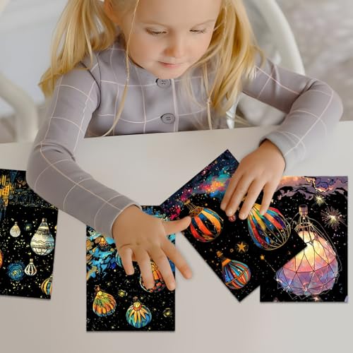 WideSmart 8 Stück Kratzbilder Leuchtend,Kratzbilder Set DIY Bastelsets für Kinder,Kratzmalerei A4 für Kinder & Erwachsene mit Kratzwerkzeuge Kit,Gravur-Kunstset-(Schmetterling und Heißluftballons)