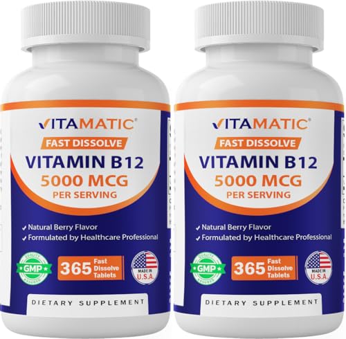 Vitamatic Vitamin B12 5000 mcg 365 Fast Dissolve Tablets Berry Flavor Supports Energy Production & Nervous System Health Non-GMO Gluten-Free- 2 Pack