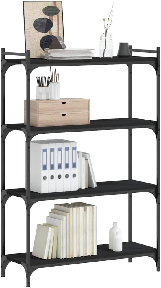 4-Tier Industrial Bookcase, Matte Black Storage Shelving Unit with Metal Frame and Engineered Wood, Adjustable Feet for Office and Living Room, 31.5 Inch Wide