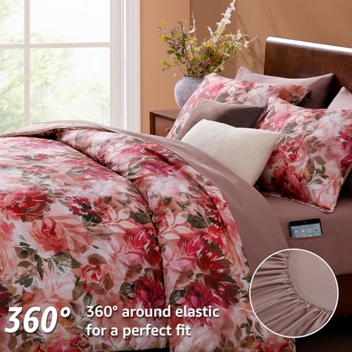 CASAAGUSTO Queen Comforter Set, 7 PCS Red Rose Floral Comforter Set with Flowers Leaves Pattern, Soft Seersucker Design All Season Queen Size Bedding Set(90"X90")