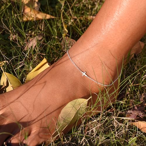 Image of Anklets for Women 14K Gold Plated Anklets Waterproof Ankle Bracelets for Women Silver Ankle Bracelet Layered Cross Satellite Bowknot Flower Pearl Beach Anklets Cute Jewelry Gift