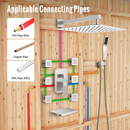Image of Waist Massage Spray Shower System with 6 Body Jets and Tub Spout, 12'' Rainfall Bathtub Shower System with Shower Jet, Wall Mounted Rain Shower and Handheld Shower Faucet Sets Complete, Brushed Nickel