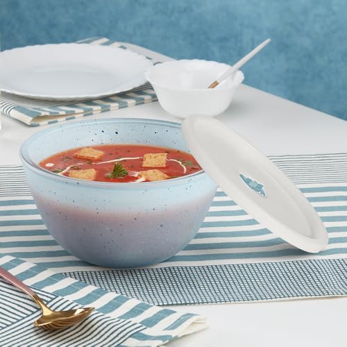 Image of Borosil 1 L Serving & Mixing Bowl with Lid | Made in India Borosilicate Glass Bowl for Kitchen & Dinning | Bowl for Mixing Dough, Salad, Batter | Microwave & Dishwasher Safe (Blue)