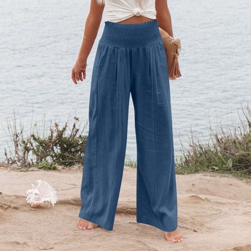 Teacher Pants for Women Trendy Wide Leg Linen Pants High Waisted Boho Flowy Casual Outfits Elastic Lounge Trousers3