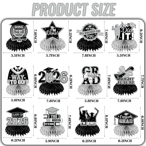 Image of 12pcs Graduation Table Decorations,Black Silver Graduation Decorations 2026 Graduation Centerpieces for Tables,Class of 2026 Centerpieces Honeycomb for Congrats Grad Table Decor(Black)