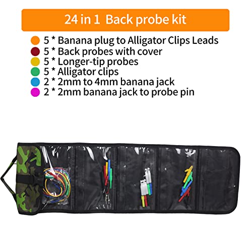 Image of Makeronics 24 in 1 Back Probe Kit with 6 Pockets Roll Up Tool Bag for Car Repairing Diagnostic | Wire Piercer with Cover | Long Back Probe Pin | Test Leads (39.37 inch) | 5PCS Alligator Clips