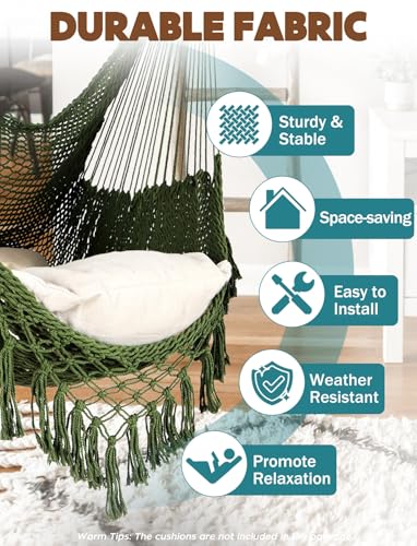 Image of Chihee Hammock Chair Handmade Woven Mesh Hanging Seat Metal Spreader Bar | Cotton Blended Rope Hanging Chair Ventilated Soft-Spun Large Stretch Hammock Swing, Elegant Macrame Indoor Outdoor Garden
