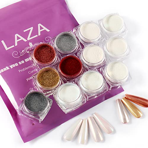 Laza Pearl Chrome Nail Powder, Unicorn Neon 12 Color Mermaid Aurora Powder & Mirror Effect Powder, Metallic Iridescent Nail Art Glitter, Pearlescent Shell Nail Pigment For Gel Polish Nail Art Manicure #TOP7
