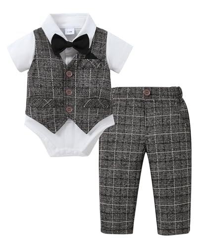 Image of DISAUR Baby Boy Clothes Toddler Boy Outfits 4PCS Gentleman Dress Romper /Vest /Pants /Bow Tie Cotton Suit Sets