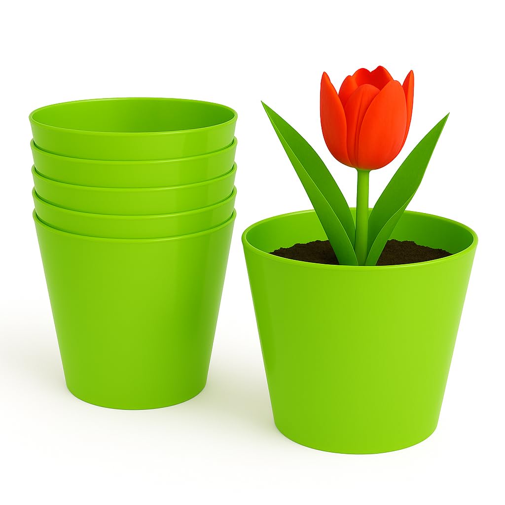 Home Garden Ornaments Plant Pots Indoor 6pcs Glossy Decorative Plastic Flower Pots, Vibrant Decorative Pots (Green, 17 cm / 6.7 in)