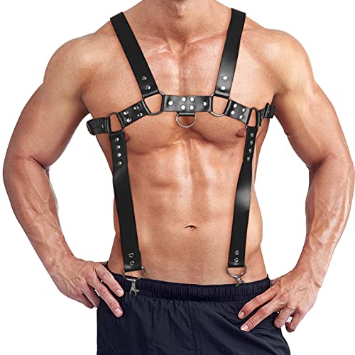 Pacify Mens Leather Harness, Adjustable Goth Men Body Chest Harness, Steampunk Shoulder Belts Suspenders for Costume Parties
