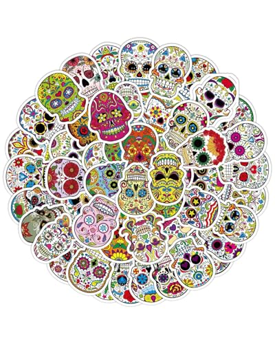 HUVZOR 52 peças Halloween Skull Stickers, Dia dos Mortos Mexican Day Of Dead Stickers Decalcomans Laptop Sugar Skull impermeável decalques para garrafas de água bagagem computador skate