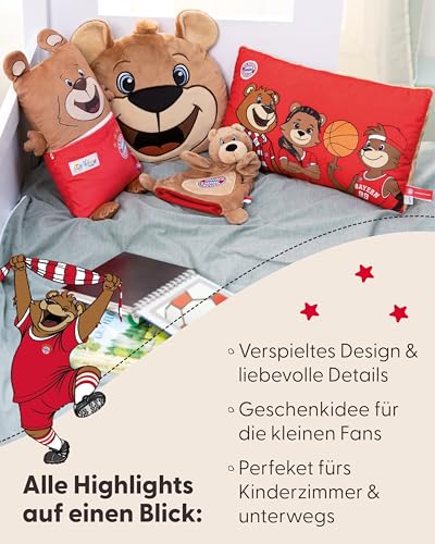 NICI Kissen FC Bayern MÜNCHEN Berni 33x28cm - braun - Flauschiges Kuscheltierkissen für Kinder und Erwachsene, Plüschkissen ideal für Zuhause, Kindergarten oder unterwegs - 63176