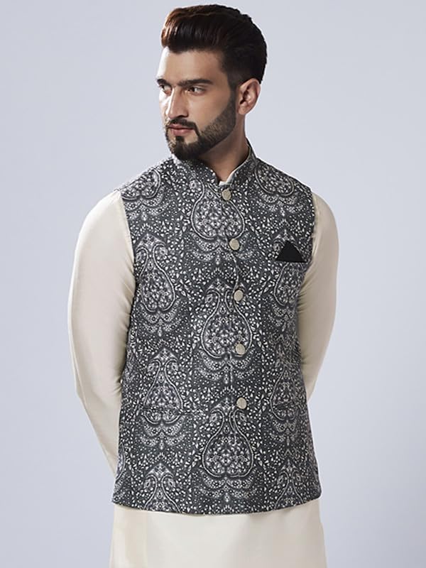 Image of Kisah Men's Silk Blend Printed Nehru Jacket Regular Fit | Designer Ethnic Layering | Wedding & Occasion Wear