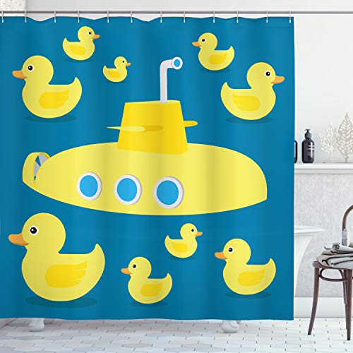 ABAKUHAUS Pato de Goma Cortina de Baño, Submarino Amarillo, Material Resistente al Agua Durable Estampa Digital, 175 x 200 cm, Azul Marino