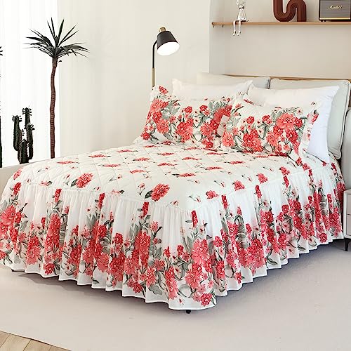 Evenhug 100% Cotton Bed Skirt Queen Size Ruffled Red Floral Quilt Bedspread Set With 2 Pillow Shams 20″Deep Drop Dust Bed Skirt For Bed Cover 3 Pieces(Red, Queen60X80) #TOP2