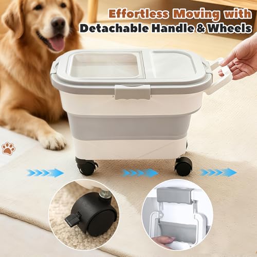 Hundefutter Aufbewahrungsbox - Luftdichter Futterbox Hund mit Messbecher & Löffel - Faltbarer Dog Food Container für Trockenfutter - Futtertonne Hund für Großvorrat Katzen - Futterbehälter mit Rollen