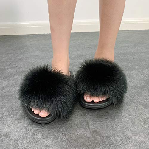 Image of Hangrui Women's Faux Fur Slides, Open Toe Cute Fluffy Slippers, Comfortable Furry Sandals