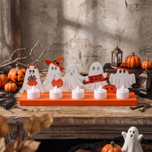 Bucherry Halloween Ghost Decor Ghost Metal Candle Holder with LED Decor | Vintage Centerpiece, Metal Witch Silhouette Wooden Base, LED Tea Candles Included For Home Office Party Decorations — view 6