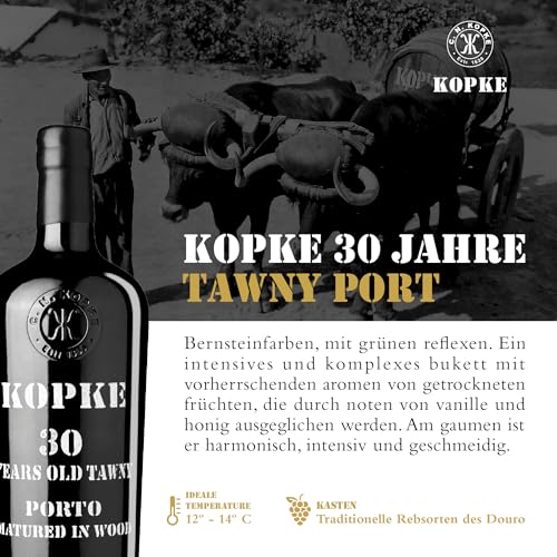 Kopke Portwein Tawny 30 Jahre - Im Holzfass gereifter Wein | Dessertwein in Traditioneller Flasche mit Hölzernem Geschenkkarton, ein sinnvolle geschenke | Portwein Rot mit 0,75l, 20% vol.