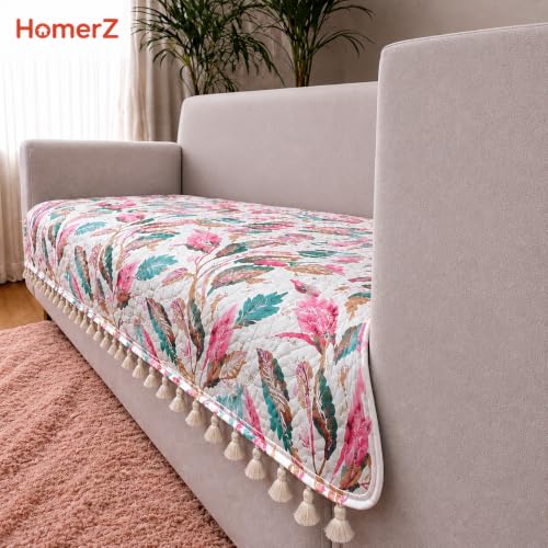 Image of Homerz Premium Printed Quilted Velvet Sofa Slip Cover Protector with Tassels, Sofa Mat, Exact Size, Antislip Cover (Multileaf, 2 Seater, Half)