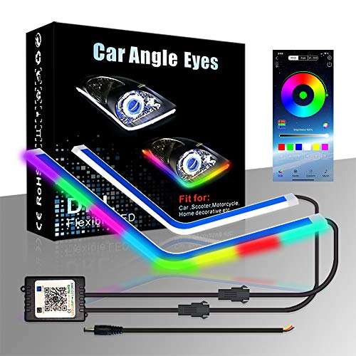 CARLITS Car Headlight Surface LED Strip Lights, 2-Pack 60CM Multi-Colors Flexible RGB Angle Eyes Neon Tube LED Daytime Running Light Turn Signal Lights Switchback Sequential Music Modes APP Control