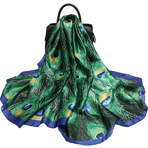 Nasoperfect Silk Feeling Scarf Large Headscarf Fashion Peacock Pattern Hair Wraps Soft Neck Scarves For Women 70" X 35" #TOP1