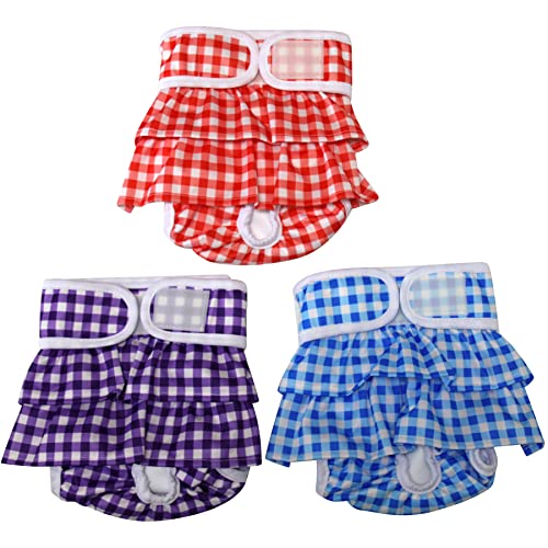 Image of JoyDaog (3 Pack) Small Dog Diapers Dress for Female Reusable Premium Grid Puppy Nappies Skirt for Period Heat Incontinence S