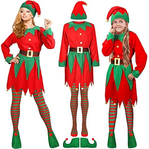 Women Girls Christmas Elf Costume Set Santa's Helper Including Elf Hat Santa Dress Striped Stockings Shoes Belts for Adult (7-12 Years) Cover