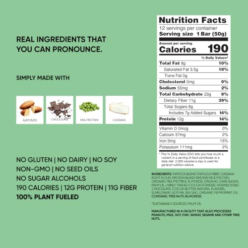 Image of TRUBAR Vegan Protein Bar,It's Mint To Be Chip, Gluten Free, Plant Based Protein, Dairy Free, Non GMO, Soy Free, No Sugar Alcohols, 12G Protein, 12G Fiber, 23G Carb, On the Go Snack Bars, 12ct