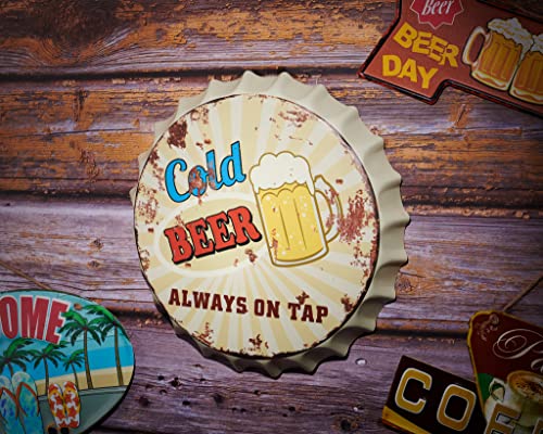 Image of EAZYWAGON Decorative Metal Bottle Caps Wall Sign Plates - 14X14 Inches - Cold-Beer-On-Tap | Metal Wall Hanging Bottle Cap for Home, Farmhouse, Bar & Cafe Decoration | Vintage & Retro Look Plaques