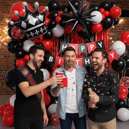 Image of Red and Black Birthday Party Decorations 152Pcs, Red Black White Balloons Arch Kit with Banner Fringe Curtains for 16th 18th 21st 24th 32th 40th 50th 60th Birthday Decorations for Men