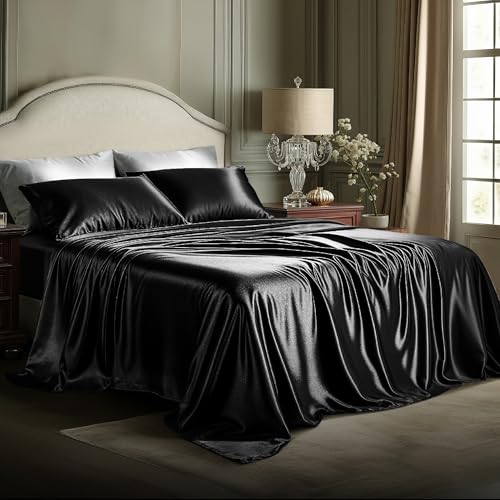 Image of Bedsure Black Satin Sheets King Size, Soft Silky Bedsheets for Hair & Skin | Similar to Silk Bed Sheets Set 4 Piece with 15 Inches Deep Pocket Fitted Sheet,1 Flat Sheet, 2 Satin Pillowcases