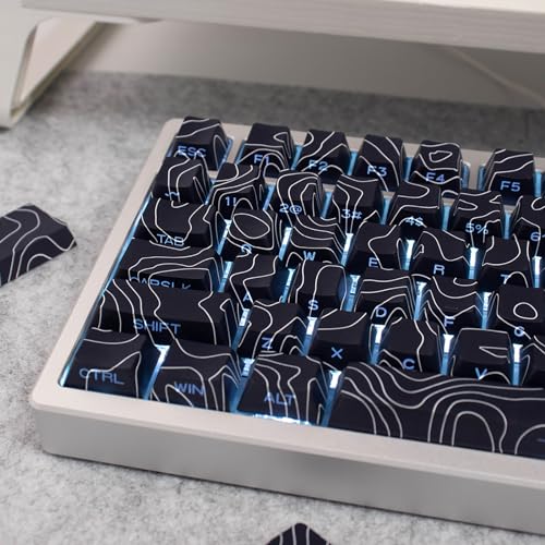 131 Keys PBT Dye Sub Keycaps Cherry Profile Black Topographic Keycap Set Fit for 61/64/87/104/108 Cherry Mx Switches Mechanical Keyboard