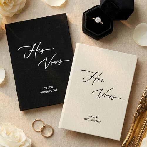ForraFun Set of 2 Wedding Vow Books His and Hers Fabric Cover Gold Foil Stamping on The Sides 60 Lined Pages 5.9 x 4.1 inch His and Hers Vow Books Wedding Essentials Gift(Black White)