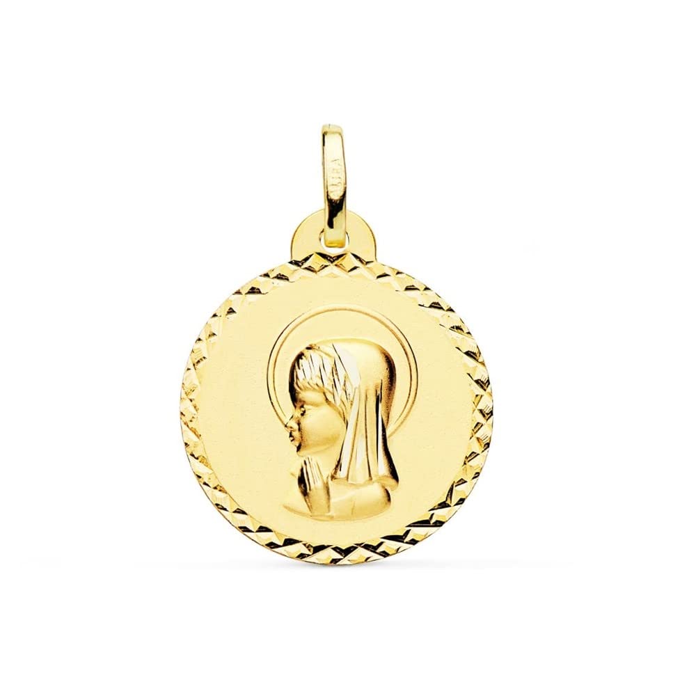 Virgen Niña medalla oro 18k Primera Comunión colgante 20mm. detalles tallados bisel - Personalizable - GRABACIÓN INCLUIDA EN EL PRECIO